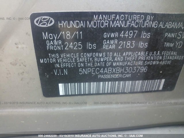 5NPEC4ABXBH303796 - 2011 HYUNDAI SONATA SE/LIMITED Champagne photo 9