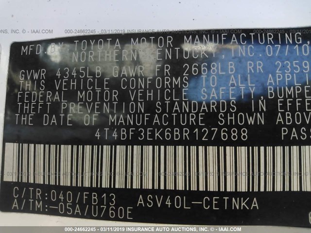 4T4BF3EK6BR127688 - 2011 TOYOTA CAMRY SE/LE/XLE 黑色 照片 9