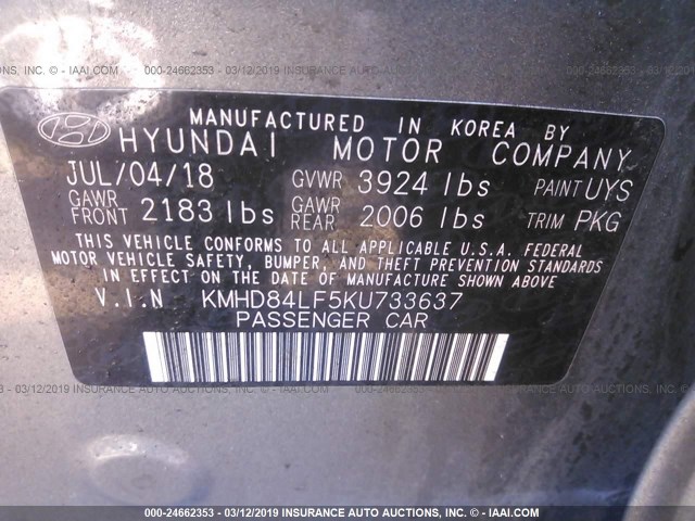 KMHD84LF5KU733637 - 2019 HYUNDAI ELANTRA SEL/VALUE/LIMITED SILVER photo 9