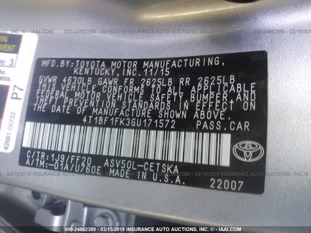 4T1BF1FK3GU171572 - 2016 TOYOTA CAMRY LE/XLE/SE/XSE ვერცხლისფერი ფოტო 9