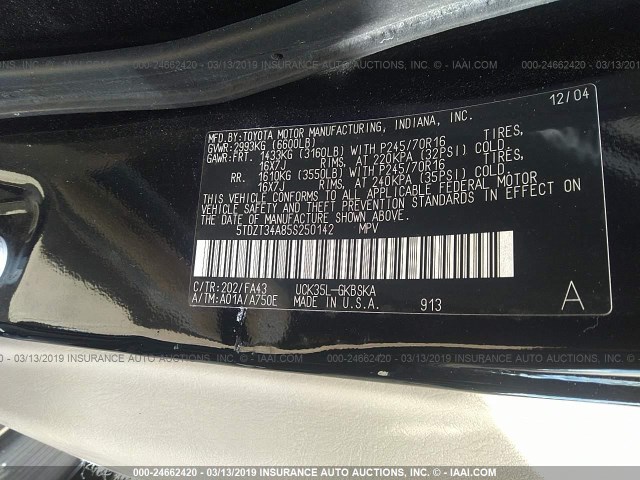 5TDZT34A85S250142 - 2005 TOYOTA SEQUOIA SR5 BLACK photo 9