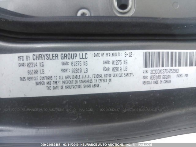 2C3CCACG7CH252903 - 2012 CHRYSLER 300 LIMITED GRAY photo 9