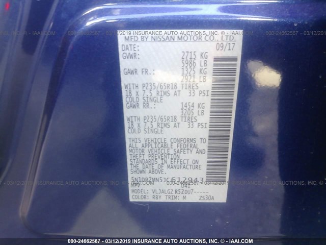 5N1DR2MN5JC612943 - 2018 NISSAN PATHFINDER S/SV/SL/PLATINUM BLUE photo 9