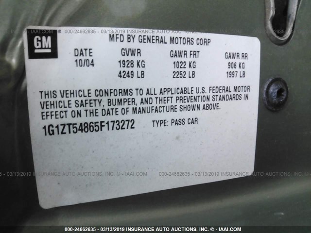 1G1ZT54865F173272 - 2005 CHEVROLET MALIBU LS GREEN photo 9
