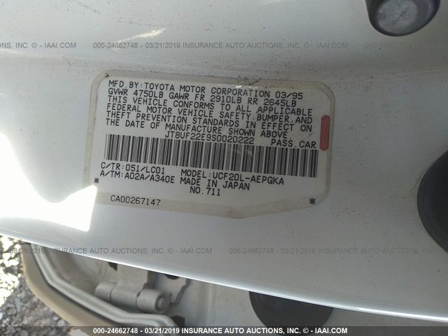 JT8UF22E9S0020222 - 1995 LEXUS LS 400 WHITE photo 9