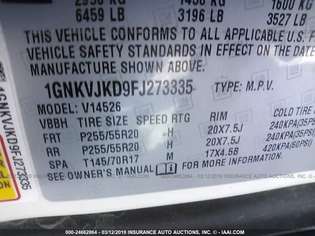 1GNKVJKD9FJ273335 - 2015 CHEVROLET TRAVERSE LTZ CREAM photo 9