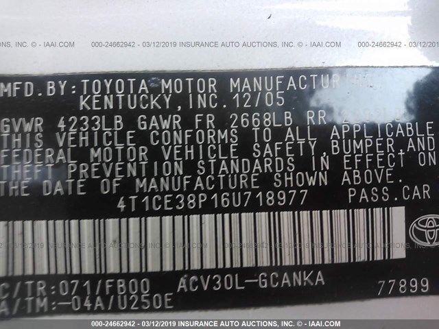 4T1CE38P16U718977 - 2006 TOYOTA CAMRY SOLARA SE/SLE WHITE photo 9