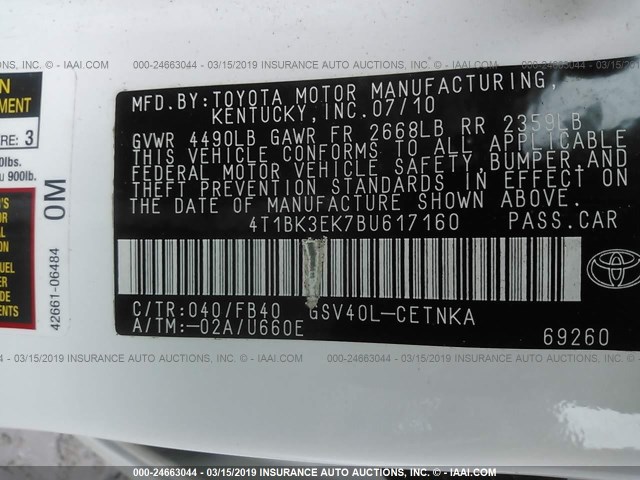 4T1BK3EK7BU617160 - 2011 TOYOTA CAMRY SE/LE/XLE 白色 照片 9