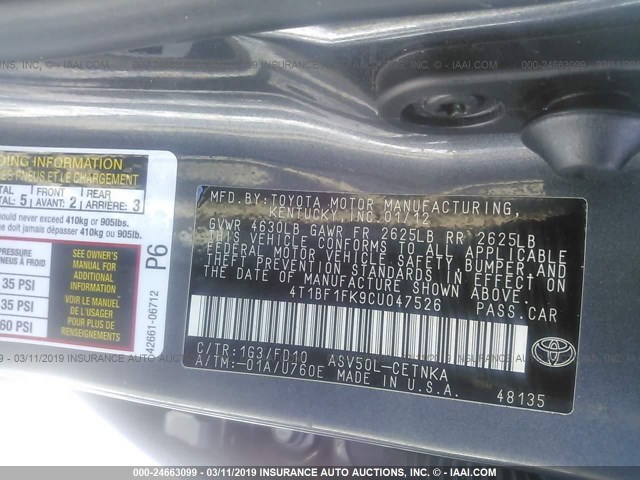 4T1BF1FK9CU047526 - 2012 TOYOTA CAMRY SE/LE/XLE GRAY photo 9