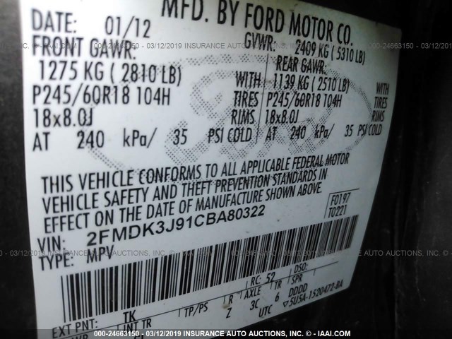 2FMDK3J91CBA80322 - 2012 FORD EDGE SEL GOLD photo 9