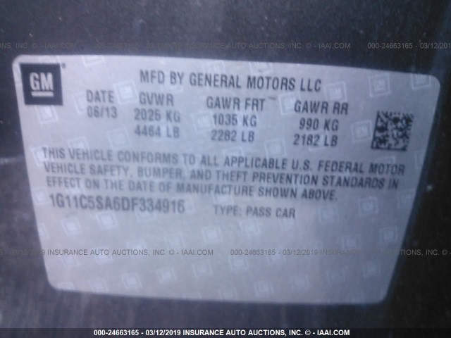 1G11C5SA6DF334916 - 2013 CHEVROLET MALIBU 1LT 灰色 照片 9