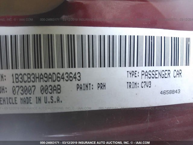 1B3CB3HA9AD643643 - 2010 DODGE CALIBER MAINSTREET RED photo 9