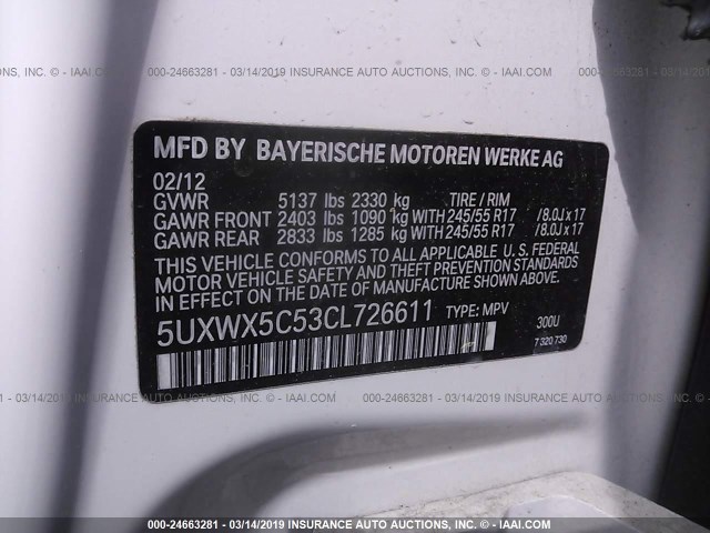 5UXWX5C53CL726611 - 2012 BMW X3 XDRIVE28I WHITE photo 9