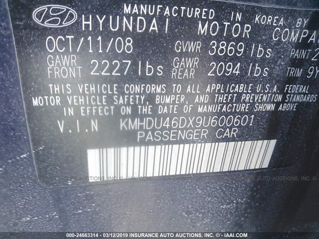 KMHDU46DX9U600601 - 2009 HYUNDAI ELANTRA GLS/SE Dark Blue photo 9