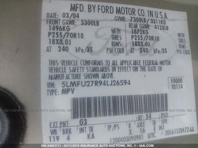 5LMFU27R94LJ26594 - 2004 LINCOLN NAVIGATOR 金色 照片 9