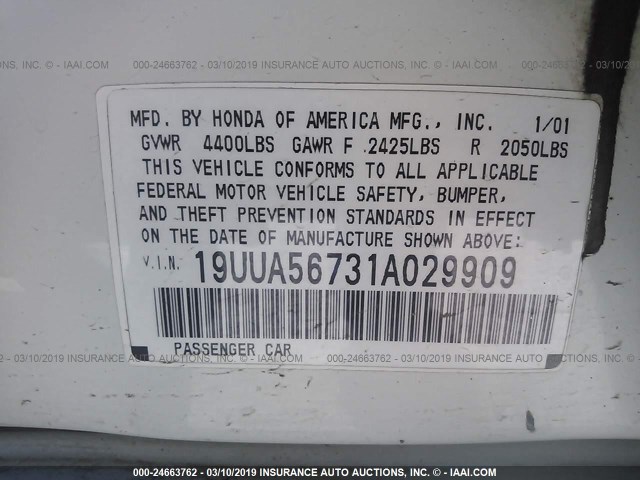 19UUA56731A029909 - 2001 ACURA 3.2TL WHITE photo 9