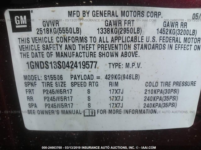 1GNDS13S042419577 - 2004 CHEVROLET TRAILBLAZER LS/LT RED photo 9