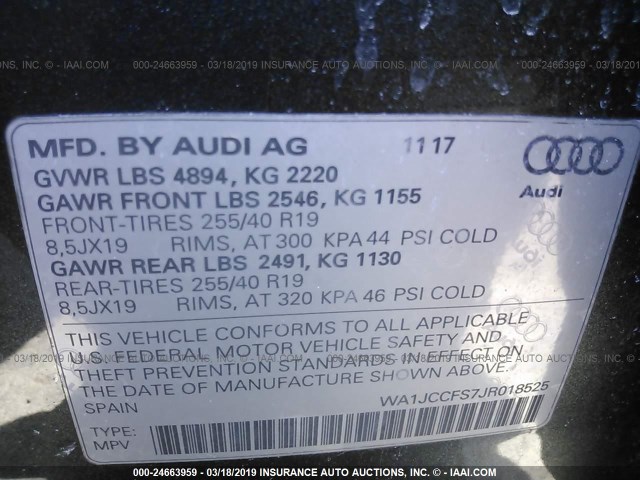 WA1JCCFS7JR018525 - 2018 AUDI Q3 PREMIUM PLUS GRAY photo 9