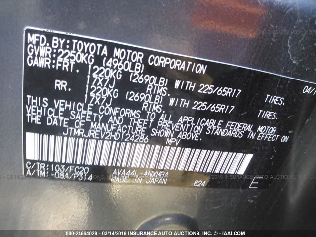 JTMRJREV2HD124286 - 2017 TOYOTA RAV4 HV LE/XLE GRAY photo 9