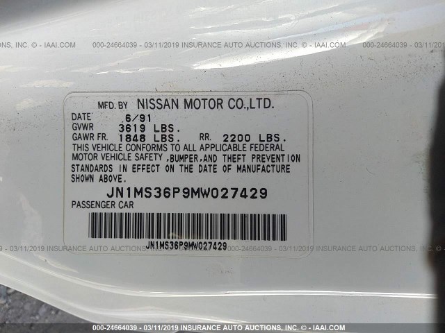 JN1MS36P9MW027429 - 1991 NISSAN 240SX LE/SE WHITE photo 9