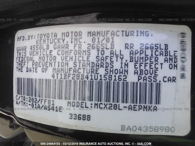 4T1BF28B41U158162 - 2001 TOYOTA AVALON XL/XLS BLACK photo 9