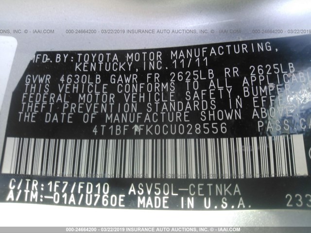 4T1BF1FK0CU028556 - 2012 TOYOTA CAMRY SE/LE/XLE SILVER photo 9