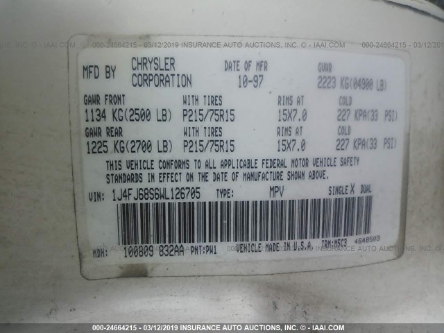 1J4FJ68S6WL126705 - 1998 JEEP CHEROKEE SPORT/CLASSIC თეთრი ფოტო 9