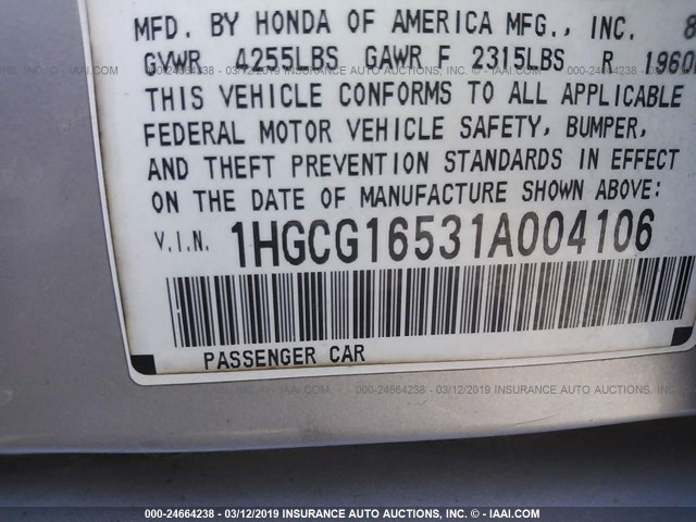 1HGCG16531A004106 - 2001 HONDA ACCORD EX SILVER photo 9