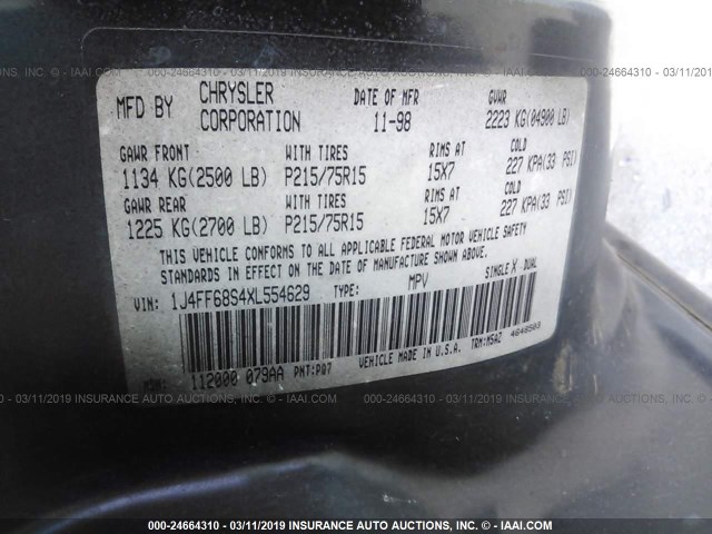 1J4FF68S4XL554629 - 1999 JEEP CHEROKEE SPORT/CLASSIC ლურჯი ფოტო 9