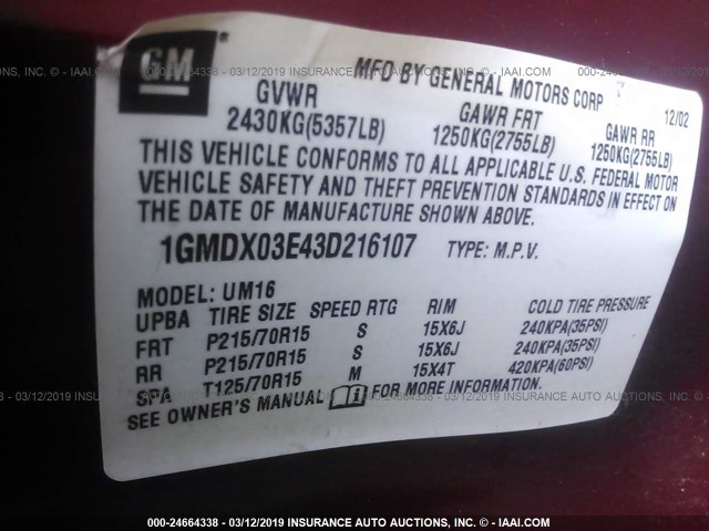 1GMDX03E43D216107 - 2003 PONTIAC MONTANA RED photo 9