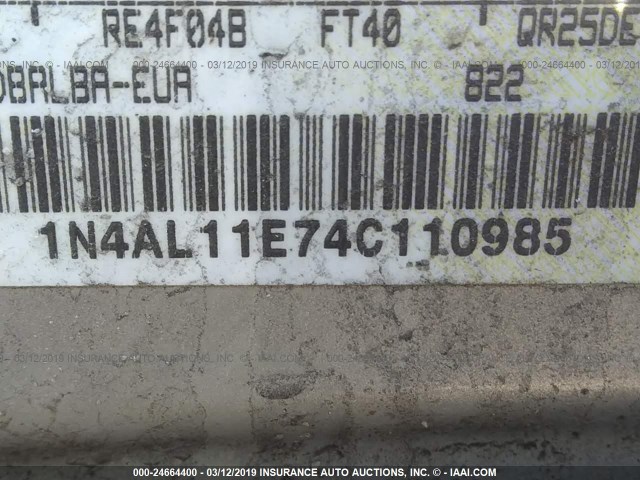 1N4AL11E74C110985 - 2004 NISSAN ALTIMA S/SL SILVER photo 9