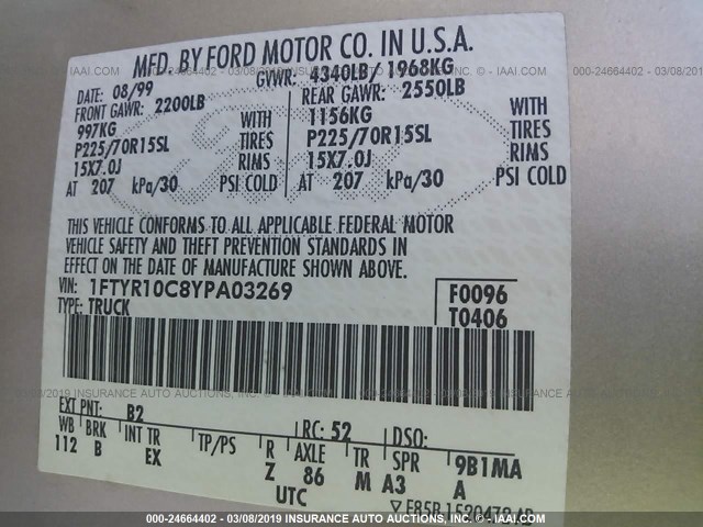 1FTYR10C8YPA03269 - 2000 FORD RANGER GOLD photo 9