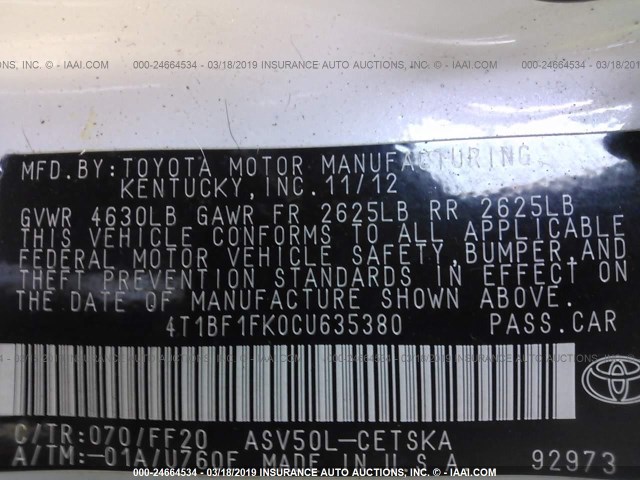 4T1BF1FK0CU635380 - 2012 TOYOTA CAMRY SE/LE/XLE WHITE photo 9
