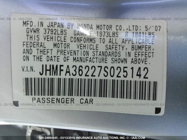 JHMFA36227S025142 - 2007 HONDA CIVIC HYBRID SILVER photo 9