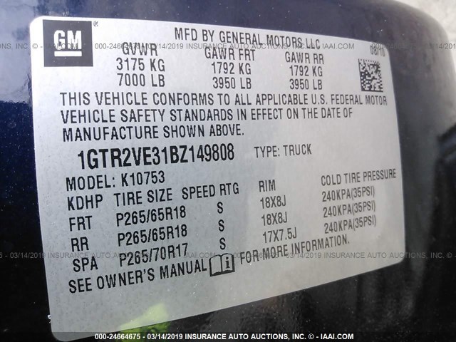 1GTR2VE31BZ149808 - 2011 GMC SIERRA K1500 SLE BLUE photo 9