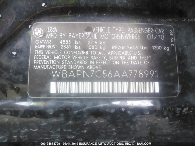 WBAPN7C56AA778991 - 2010 BMW 335 D BLACK photo 9