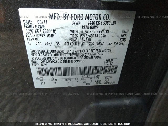 2FMDK3JC5BBB03935 - 2011 FORD EDGE SEL GRAY photo 9