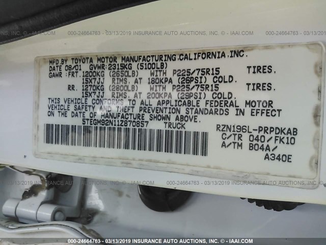 5TEGM92N11Z870857 - 2001 TOYOTA TACOMA DOUBLE CAB PRERUNNER WHITE photo 9