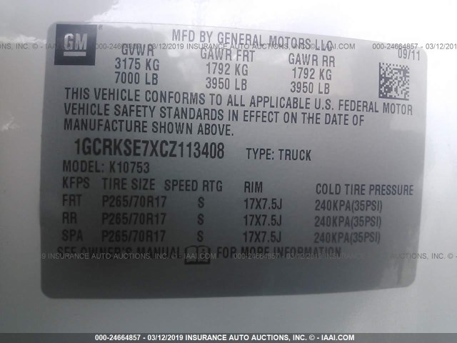 1GCRKSE7XCZ113408 - 2012 CHEVROLET SILVERADO K1500 LT WHITE photo 9