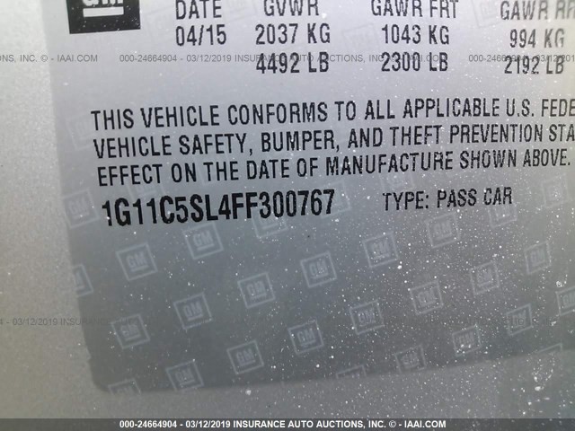 1G11C5SL4FF300767 - 2015 CHEVROLET MALIBU 1LT 银色 照片 9