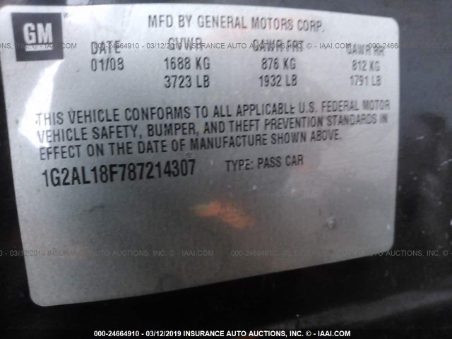 1G2AL18F787214307 - 2008 PONTIAC G5 BLACK photo 9