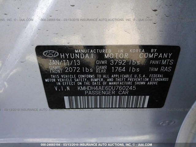 KMHDH4AE6DU760245 - 2013 HYUNDAI ELANTRA GLS/LIMITED SILVER photo 9