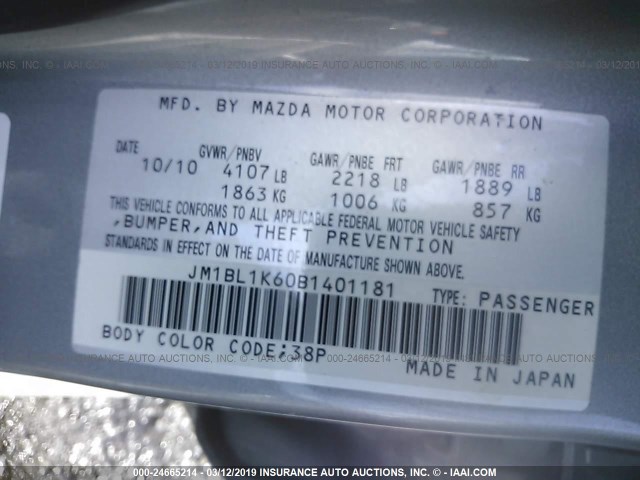 JM1BL1K60B1401181 - 2011 MAZDA 3 S SILVER photo 9