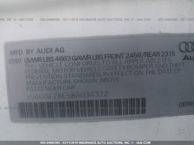 WAUAF78E58A034322 - 2008 AUDI A4 2.0T WHITE photo 9