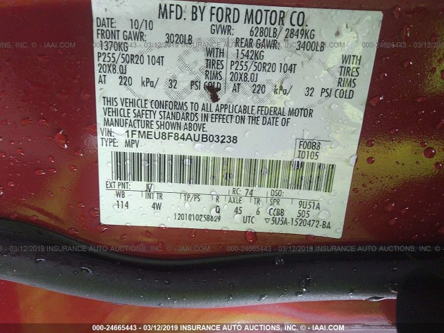 1FMEU8F84AUB03238 - 2010 FORD EXPLORER LIMITED RED photo 9