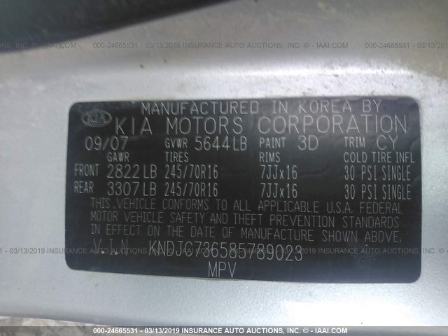 KNDJC736585789023 - 2008 KIA SORENTO EX/LX SILVER photo 9