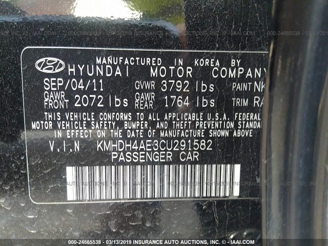 KMHDH4AE3CU291582 - 2012 HYUNDAI ELANTRA GLS/LIMITED BLACK photo 9