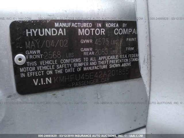 KMHFU45E42A201855 - 2002 HYUNDAI XG 350 SILVER photo 9