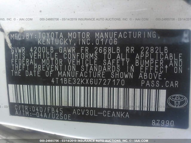 4T1BE32KX6U727170 - 2006 TOYOTA CAMRY LE/XLE/SE WHITE photo 9