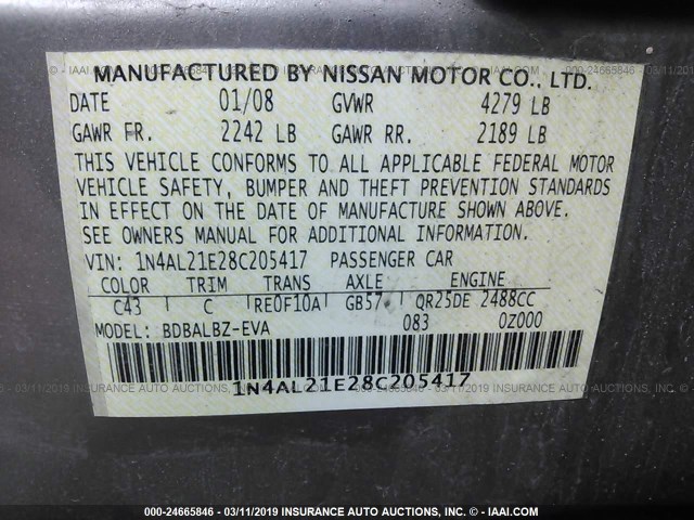 1N4AL21E28C205417 - 2008 NISSAN ALTIMA 2.5/2.5S Pewter photo 9